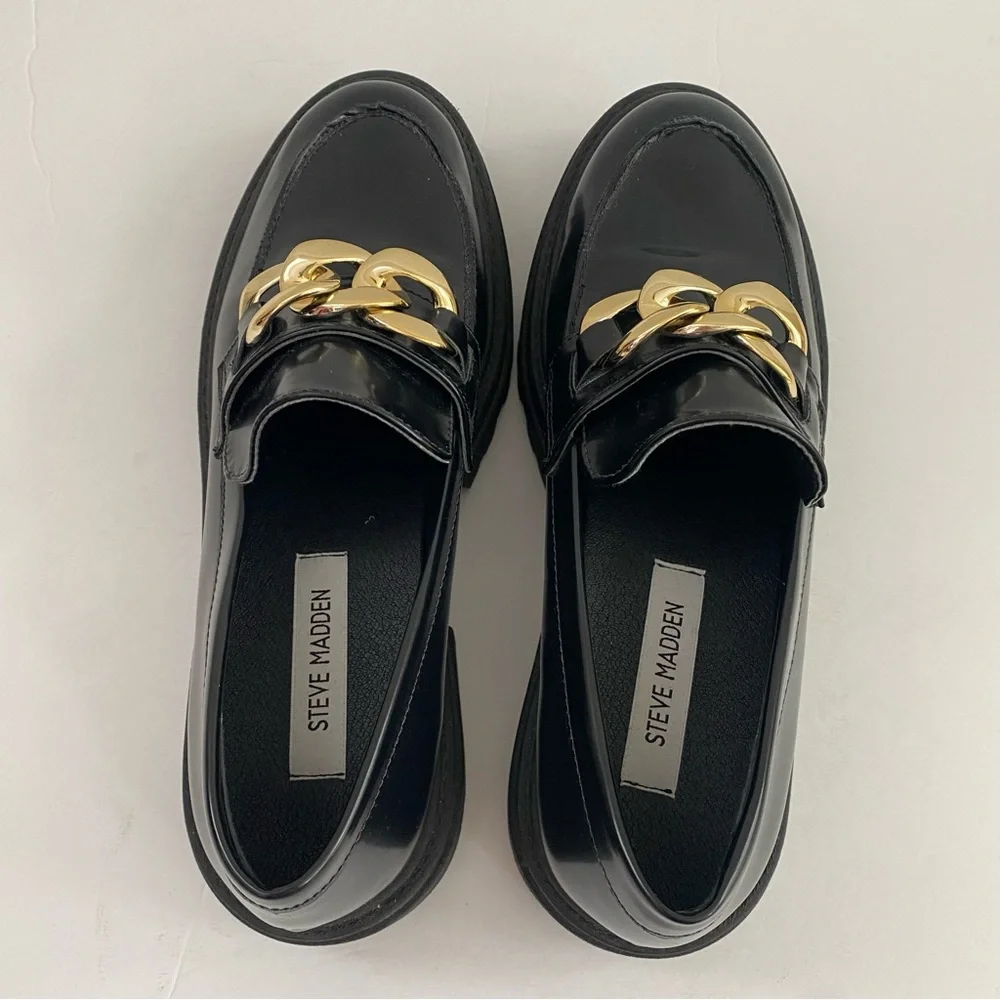 Steve Madden Makira Black Chunky Loafers with Gold Chain Size 8.5 - Picture 9 of 9